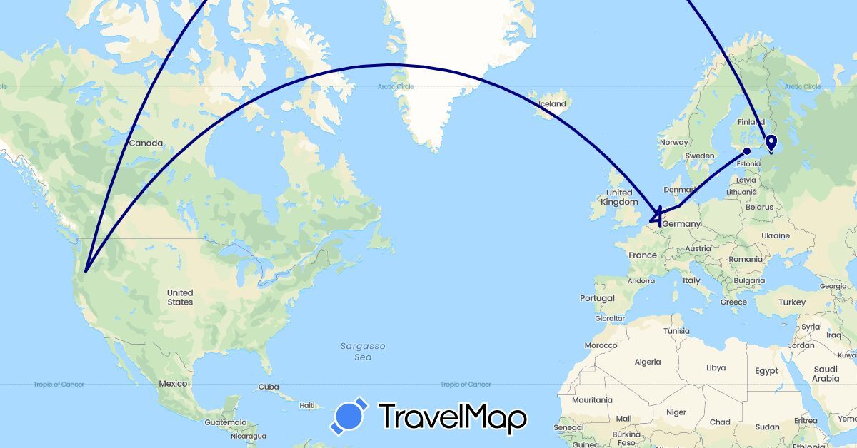 TravelMap itinerary: driving in Germany, Finland, Netherlands, Russia, United States (Europe, North America)